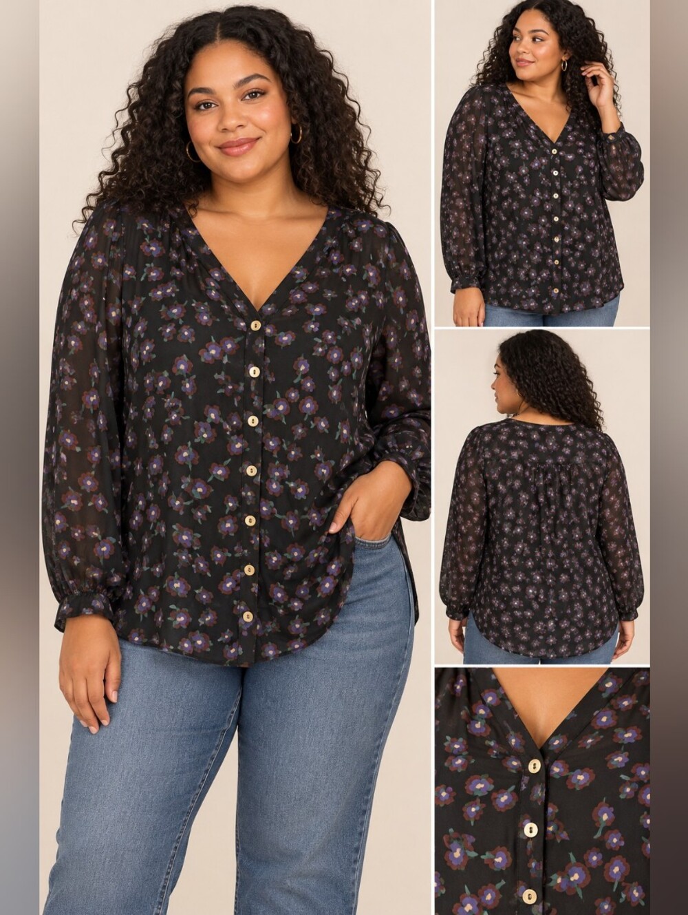 Penningtons Black Floral V-Neck Button Front Blouse